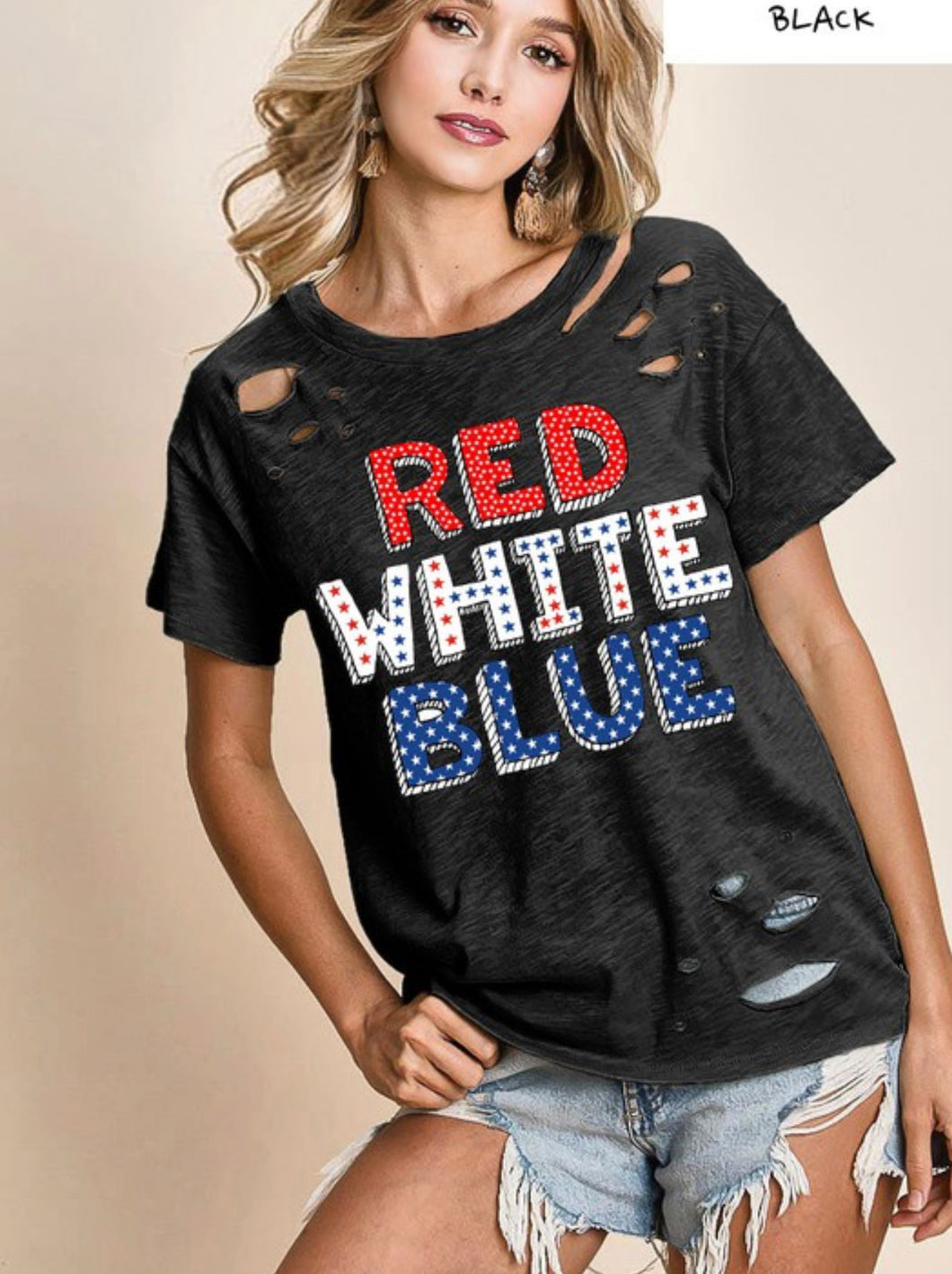 Laser Cut Red, White and Blue Tee-Black