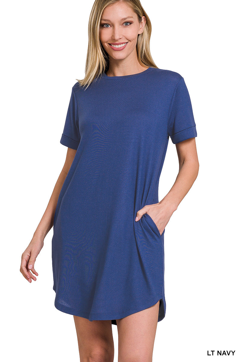 Rolled Short Sleeve Dress-Lt. Navy